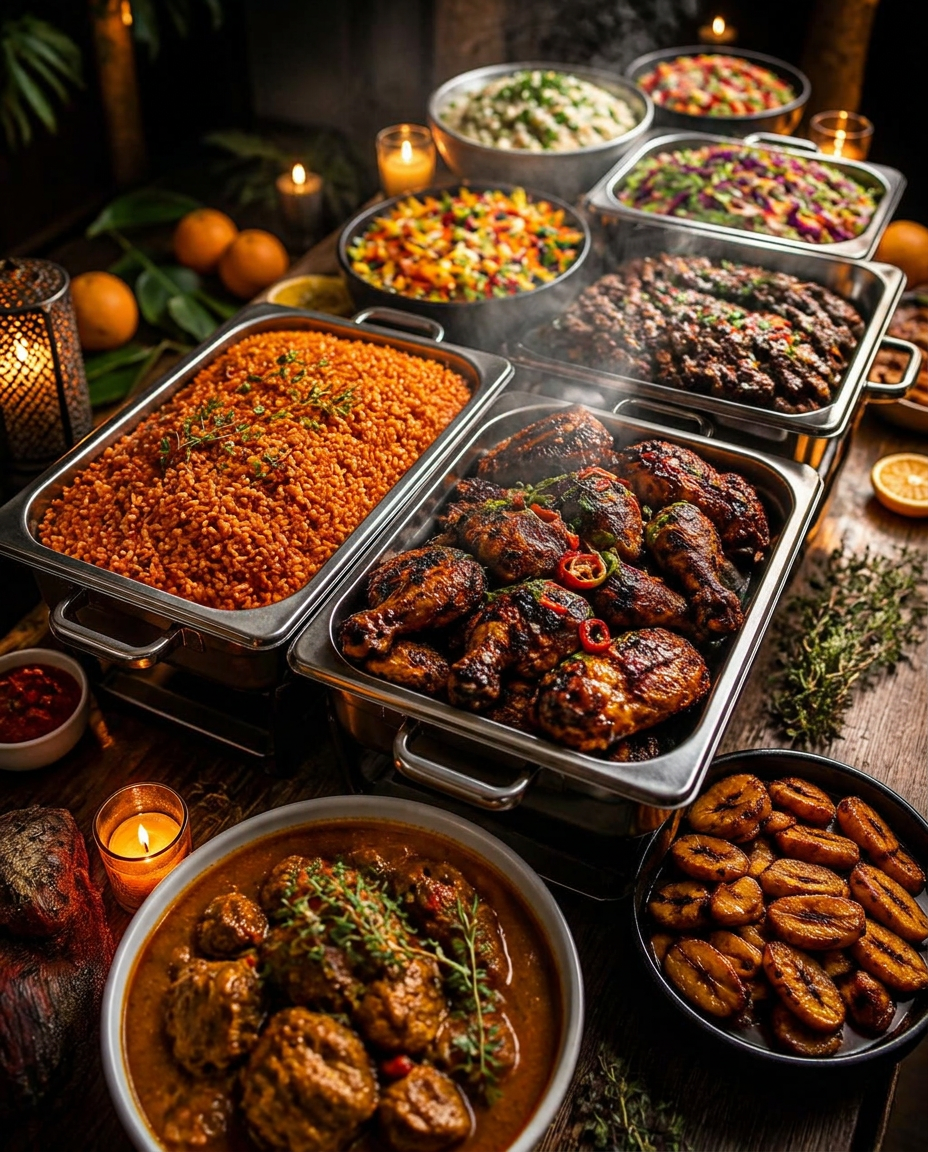 Catering buffet with jollof rice, jerk chicken, curry goat and grilled plantains in chafing dishes